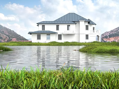 White Exterior Detached Villa With Dark Roof By Waterfront Lush Grass And Mountain View 3d model