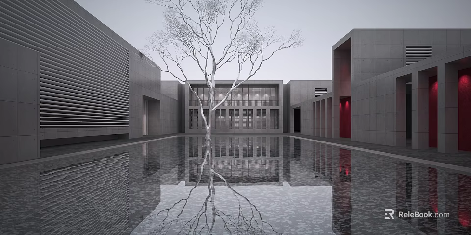 Modern Cultural Center Building With Central Water Pool And Tree Reflection 3d model 