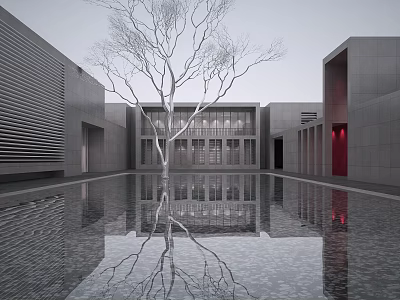 Modern Cultural Center Building With Central Water Pool And Tree Reflection 3d model