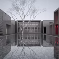Modern Cultural Center Building With Central Water Pool And Tree Reflection 3d model