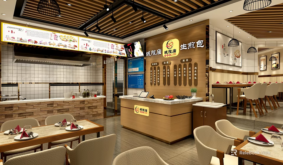 Traditional Sheng Jian Bao Restaurant Interior With Wooden Counter Tables And Menu Boards 3d model 