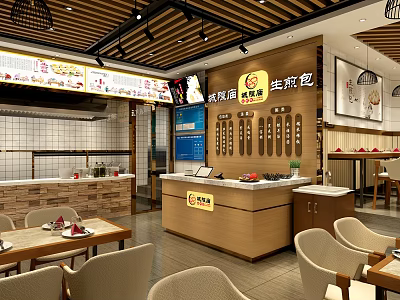 Traditional Sheng Jian Bao Restaurant Interior With Wooden Counter Tables And Menu Boards 3d model