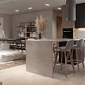 Modern Minimalist Living and Dining Room Interior With White Sofa Gray Rug And TV Unit