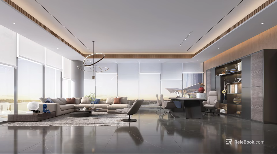Spacious Modern Office Interior With Large Windows Sofa Set And Executive Desk Chairs 3d model 