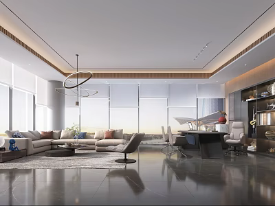 Spacious Modern Office Interior With Large Windows Sofa Set And Executive Desk Chairs 3d model