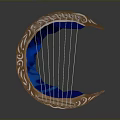 Crescent Shaped Wooden Decorative Household Item With Carved Patterns Blue Interior And Strings