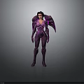Elegant Female Fantasy Character In Purple Form Fitting Suit With Winged Back Design