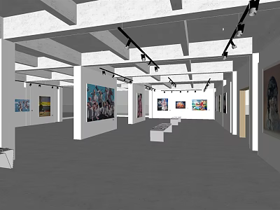 Art Gallery Exhibition Space With Paintings Track Lighting Exposed Beams And Gray Floor 3d model