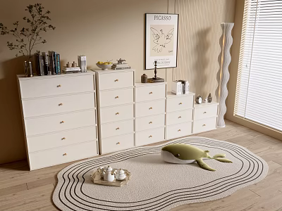 White Modern Dressers with Multiple Drawers Decorative Items Plant and Whale Toy on Rug 3d model