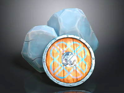 Round Wooden Shield With Blue Decorative Pattern And Gemstone Beside Textured Stones 3d model