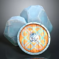 Round Wooden Shield With Blue Decorative Pattern And Gemstone Beside Textured Stones