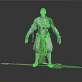 Man In White Robe With Green Sash Holding Decorative Spear And Arm Tattoos
