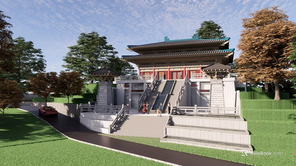 Ancient Chinese Traditional Architecture With Double Eaved Roof Stone Steps And Green Lawn 3d model 