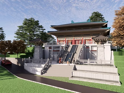 Ancient Chinese Traditional Architecture With Double Eaved Roof Stone Steps And Green Lawn 3d model