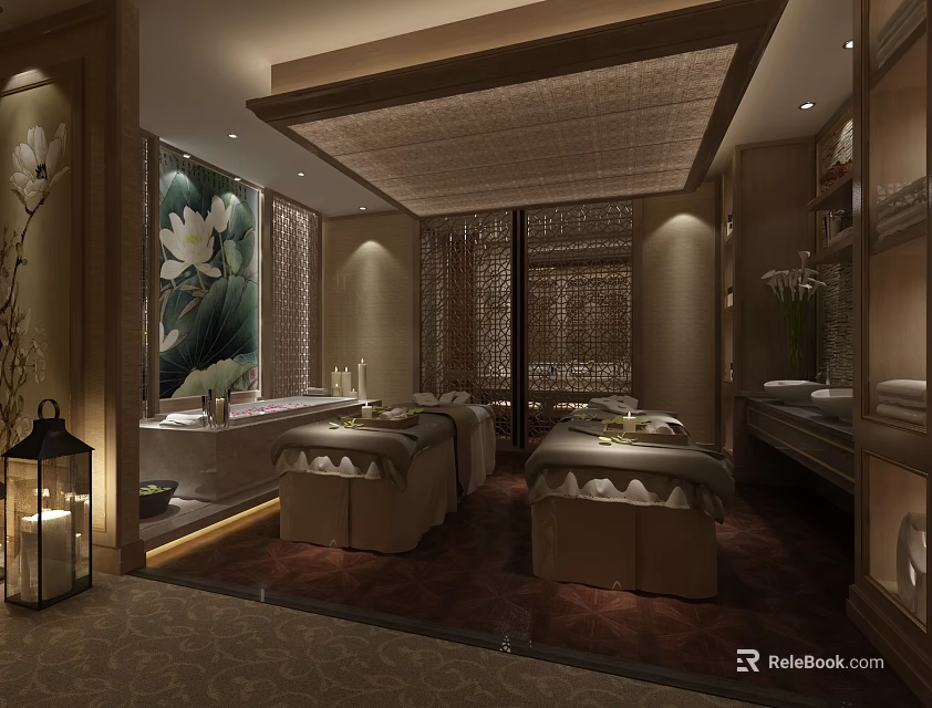Serene SPA Sauna Interior Design With Massage Beds Lotus Art And Soft Lighting 3d model 