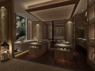 Serene SPA Sauna Interior Design With Massage Beds Lotus Art And Soft Lighting 3d model