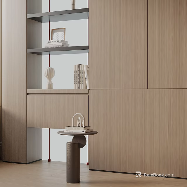 Round Top Wooden Side Table With Stacked Books Beside Light Wood Cabinet 3d model 