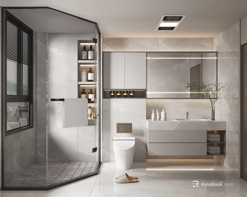 Modern Bathroom Interior Design With Glass Shower Enclosure Toilet And Vanity Mirror 3d model 