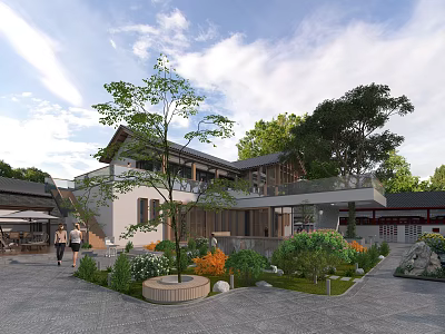 Traditional Garden Landscape With Courtyard Path Green Plants Trees And Architecture 3d model