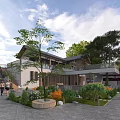 Traditional Garden Landscape With Courtyard Path Green Plants Trees And Architecture
