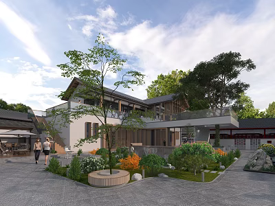 Traditional Garden Landscape With Courtyard Path Green Plants Trees And Architecture 3d model