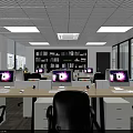 Public Office Space With Desks Computers Black Office Chairs Bookshelves Plants And Large Windows