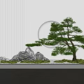 Stylish Garden Ornamental Setup With Pine Tree Rocks Moss And Circular Wall Decor 3d model