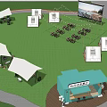 Scenic Campsite With Green Grass Canopy Chairs Tables People Relaxing And Children Playing