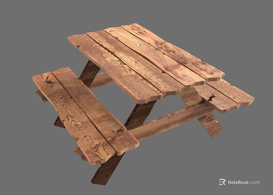 Rustic Wooden Outdoor Picnic Table With Attached Benches And Natural Grain 3d model 