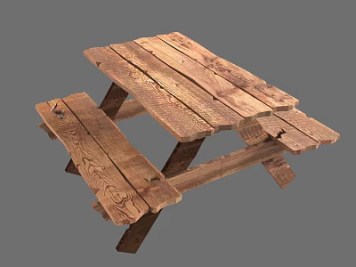 Rustic Wooden Outdoor Picnic Table With Attached Benches And Natural Grain 3d model