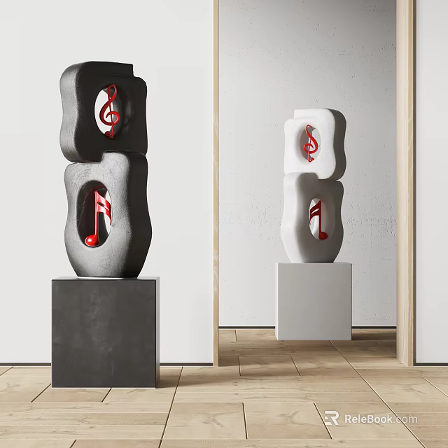 Contemporary Black and White Sculptures Featuring Red Musical Notes on Pedestals in Modern Interior 3d model 