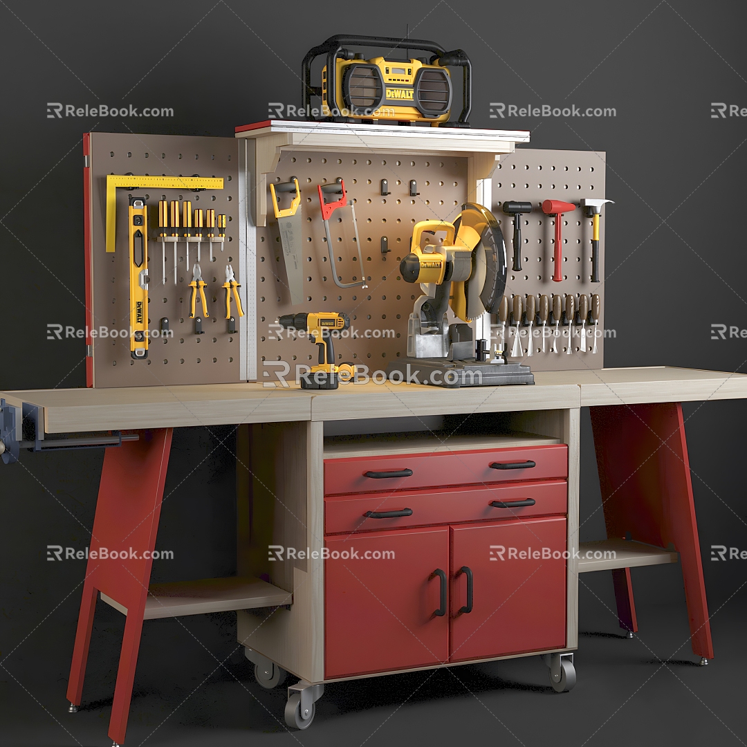 Industrial operating table realistic machine industrial table operating table factory cabinet tools electric saw hammer electric drill pliers 3d model