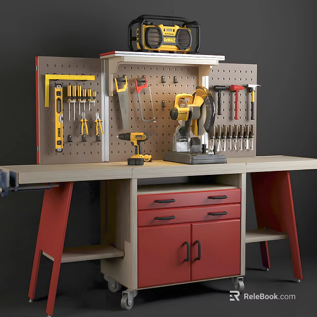 Efficient Industrial Equipment Workbench Setup Featuring Pegboard Mounted Tools Power Drill and Red Storage Cabinets 3d model 