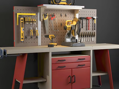Efficient Industrial Equipment Workbench Setup Featuring Pegboard Mounted Tools Power Drill and Red Storage Cabinets 3d model