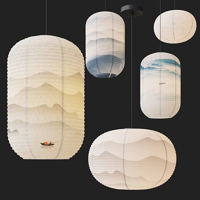 Elegant Beige And Blue Paper Pendant Lights With Mountain Patterns And Small Boat 3d model