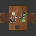 Wooden Dining Table Set With Two Wooden Chairs Brown Cushions Food Dishes And Chopsticks