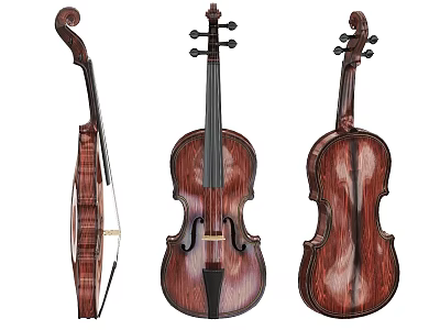 Three Wooden Violins Displayed From Different Angles As String Musical Instruments 3d model