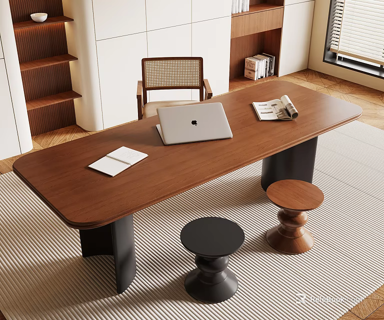 Modern Wooden Desk with Laptop Open Magazine and Papers and Two Stools in Bright Room 3d model 
