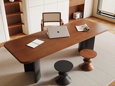 Modern Wooden Desk with Laptop Open Magazine and Papers and Two Stools in Bright Room 3d model