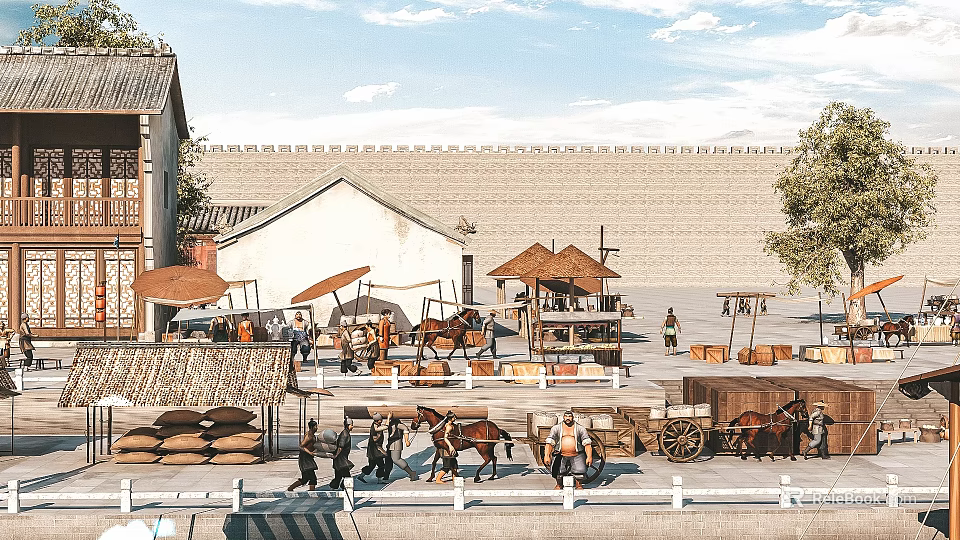 Ancient Style Marketplace Scenery Featuring City Wall Horse Drawn Carriages Crowded People And Traditional Buildings 3d model 