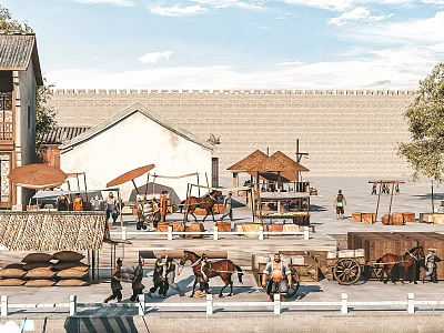 Ancient Style Marketplace Scenery Featuring City Wall Horse Drawn Carriages Crowded People And Traditional Buildings 3d model