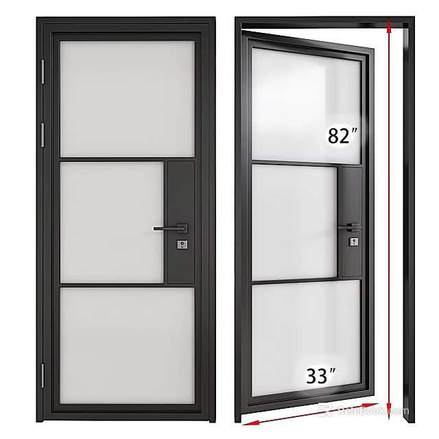 Black Frame Frosted Glass Swing Door with 82 Inch Height and 33 Inch Width 3d model 