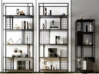 Modern Black Frame Bookcases With Open Shelves Displaying Books Decorative Sculptures And Vases 3d model