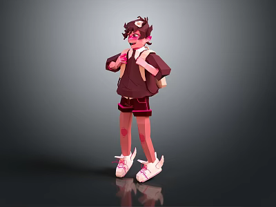 Cartoon Character Wearing Dark Hoodie Red Shorts Backpack Glasses Pink Streaked Hair And White Sneakers 3d model