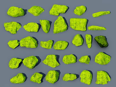 Green Textured Stones And Wood Pieces With Various Natural Shapes 3d model