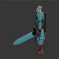Low Poly Game Movie Warrior Character With Blue Armor Red Accents And Sword