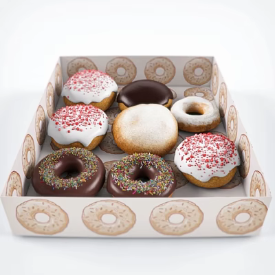 Assorted Frosted Chocolate and Sprinkled Donuts in Box with Donut Patterns 3d model Assorted Frosted Chocolate and Sprinkled Donuts in Box with Donut Patterns 3d model