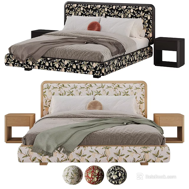 Patterned Double Bed with Floral Headboard Cozy Blanket and Wooden Nightstands 3d model 