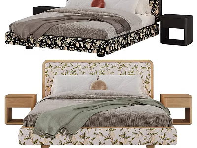 Patterned Double Bed with Floral Headboard Cozy Blanket and Wooden Nightstands 3d model
