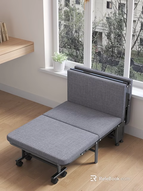 Gray Foldable Sofa Bed With Wooden Floor And Window Potted Plant 3d model 